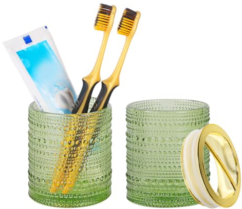 Tonxus Set di 2 portaspazzolino da denti in vetro verde, bicchiere da bagno da 283,5 g, porta spazzolino da denti dorato, organizer per accessori da bagno, spazzole, dentifricio, rasoio