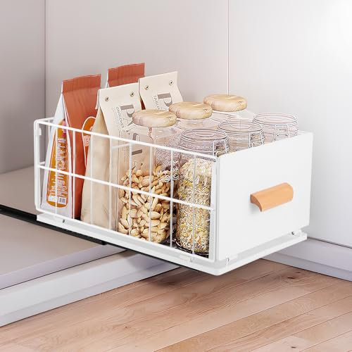 Vehoukli Tiroir télescopique - Organiseur de placard de cuisine avec poignée - Sans perçage et Slide Out - Blanc - 24 x 40 x 18 cm (l x P x H)