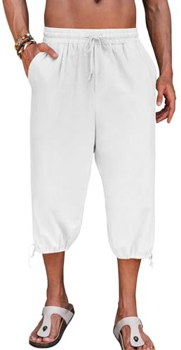 Herren Harem Capri Hosen Strand Yoga 3/4 Shorts Drawstring Sommerhose Freizeithose Wide Leg Loose Fit Pants Outdoor Wanderhose, Weiß M