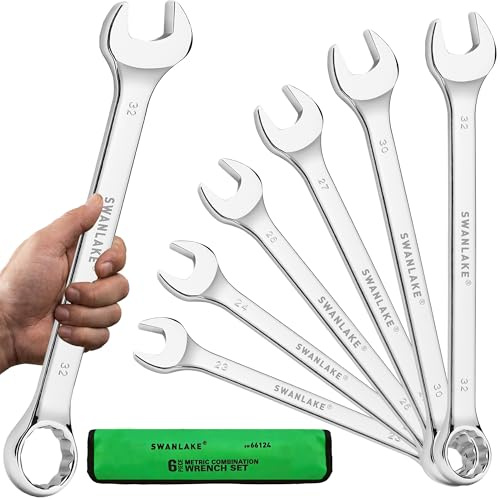 6-Piece All-Purpose Combination Wrench Set, Metric & Standard 23mm, 24mm, 26mm, 27mm, 30mm, 32mm, Heat Treated CR-V, 12-Point Box End Big Wrench Set, Master Long Mechanic Tool Set with Rolling Pouch