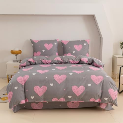 Cotton Market - Juego de ropa de cama - 3 piezas - Funda de edredón 135x200 cm y 1 funda de almohada 70x80 cm - Corazón rosa (gris)