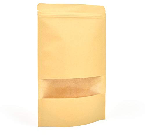 100 sacchetti per alimenti riutilizzabili con finestra (180 x 260 mm), in carta kraft marrone, con chiusura lampo, sigillabili a caldo, richiudibili, per alimenti, per torte, cioccolatini, snack,