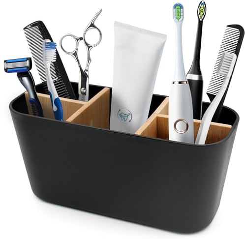 Portaspazzolino in plastica con divisori, 5 scomparti con base antiscivolo, Porta Spazzolini Bagno Multifunzionale Adatto, per Bagno Ufficio Famiglia (Nero)