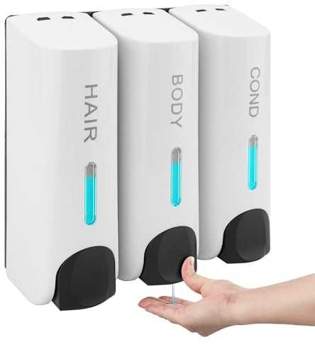 MEKOTRIN Dispenser di Sapone Liquido, Dispenser Manuale per Sapone da da 350 ml x 3, Dispenser da Parete per Disinfettante per Mani, Sapone, Shampoo e Balsamo per Bagno e Cucina, Bianco