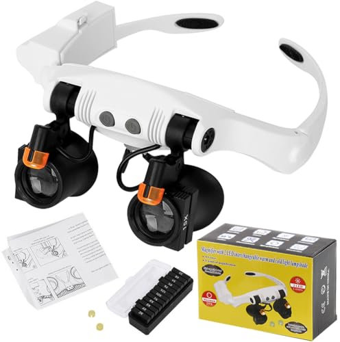 Leselupen - Lupenbrille mit Licht und Vergrößerungsbrille Winkel, 25-Fache Vergrößerung mit 14 Linsen (3X-15X), für Brillenträger, Hobby, Lesen, Elektriker, Juweliere, Nähen, Reparatur