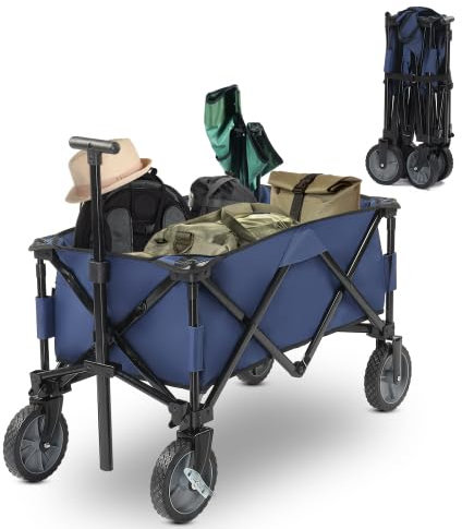 Bonnlo Chariot Pliable a Roulette pour Jardin, Plage et Pique-Nique – Chariot de Transport Compact avec Poignée Réglable, Cadre en Acier Allié & Tissu Oxford 600D, Capacité 100 kg (Bleu)