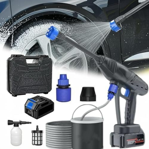 Hidrolimpiadora Bateria, Hidrolimpiadora de Alta Presion con Batería, Boquilla 6 en 1, Manguera de 5 m, Jarra de Espuma, Hidrolimpiadora Portatil para Limpiar Coche, Terraza, Jardín