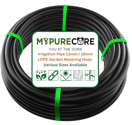 MYPURECORE Irrigation Pipe 13mm / 16mm LDPE Garden Watering Hose – Heavy Duty UV Resistant Black Tubing Roll for Drip System, Greenhouse, Outdoor Plant Irrigation – Flexible Hose Pipe (25m)