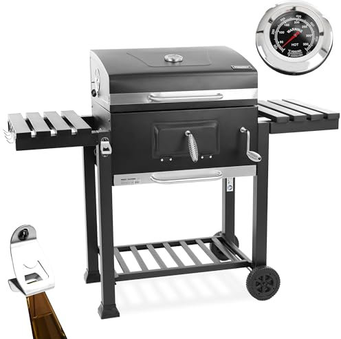 HECHT Grill Holzkohlengrill mit Grillrost – XXL BBQ Grill mit Deckel – mobiler Grillwagen mit klappbaren Ablagen – Grillrostverstellung –Thermometer – Flaschenöffner