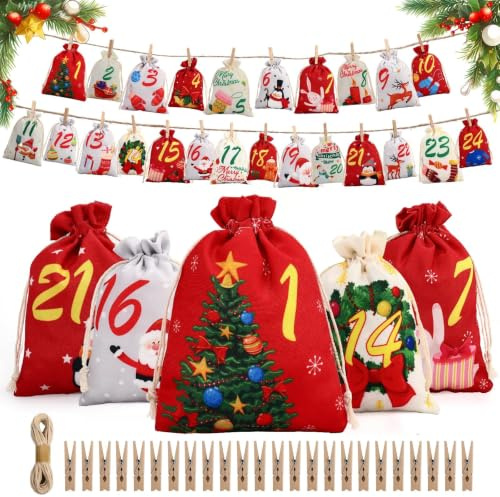 Calendrier Avent A Remplir 24 Pièces, Calendrier de L'avent a Remplir 2026 | 18 x 13 cm, 15 ×10 cm, 24 modèles indépendants, Décorations De Noël Faites Maison, Comprend 24 Pinces et 10 Mètres De Ficelle