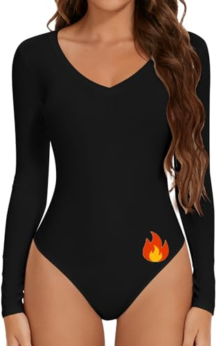 Joyshaper Body Donna Maniche Lunghe Scollo a V Bodysuit Termico Camicetta Body Camicetta Casual T-shirt Tinta Unita, Nero, L