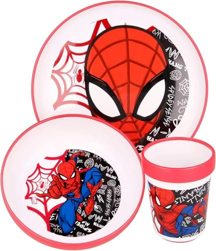 Ensemble de vaisselle pour enfants bicolore - Set composé de 3 pièces: assiette, bol et verre pour enfants - Ensemble de vaisselle pour bébé avec base antidérapante - Sans BPA (Spiderman)