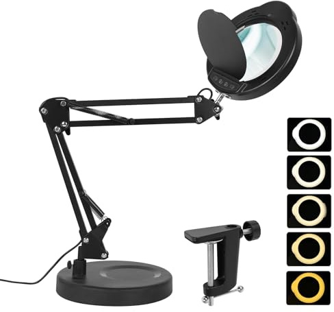 15 x förstoringsglas med ljus, 5 färglägen och 9 ljusstyrkenivåer dimbar lupplampa, lupplampa med klämma och stativ, LED-upplyst förstoringsglas skrivbord, handsfree för arbete läsning hantverk