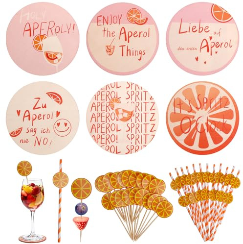 BZUEPRS Aperol Spritz presentförpackning, 46 st, 6 Aperol-underlägg, 20 papperssugrör och 20 cocktaildekorationer, periillaälskare, bordsdekoration, sommartemafest