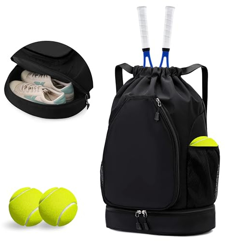GQIIRL Tennis Bag for Women - Water Resistant Tennis Backpack to Hold 2 Rackets with Shoe Compartment, Lightweight Pickleball Paddles Badminton Squash Racquet Bags for Youth Girls Teenager (Black)