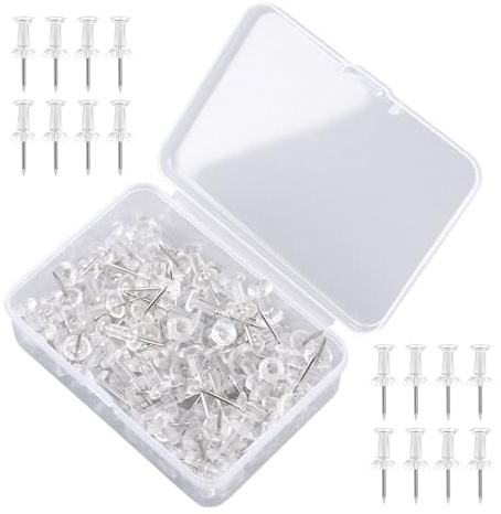 200pcs Clear Push Pins - Stainless Steel Drawing Pins for Notice Board/Cork-Board/Bulletin-Board with Storage Box, Wall Map Poster Photo Hanger for Office, School, Home