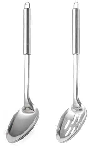 2 Pcs Cooking Spoons Set,Serving Spoons Large,Stainless Steel Oval Handled | Cooking Kitchen Utensi, Dishwasher Safe for Stirring Soups, Sauces or Stews, Home, Restaurant (Silver)