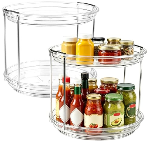 HONYUET Juego de 2 organizadores de platos giratorios, diámetro de 23,5 cm, 2 pisos, transparente, Lazy Susan de PET, organizador de especias y perfumes para cocina, armario, baño y tocador