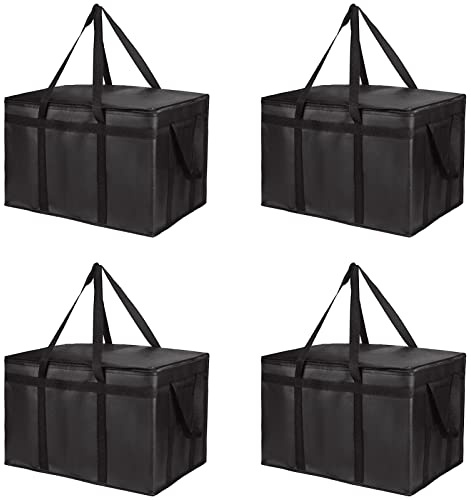 Bodaon 4-Pack Insulated Food Delivery Bag, XXX-Large Meal Grocery Tote Insulation Bag for Hot and cold Food, Commercial, Large Capacity Reusable Warming Bag, Black