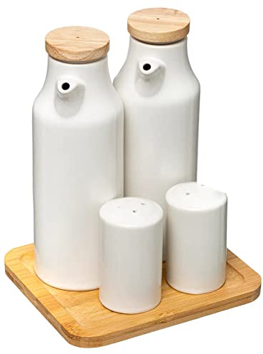 TIENDA EURASIA - Juego de 4 Piezas, Aceitera y Vinagrera con Salero y Pimentero con Base de Bambú, Diseño Nordico, Material de Cerámica, Medida 15,3 x 13,3 x 18,5 cm