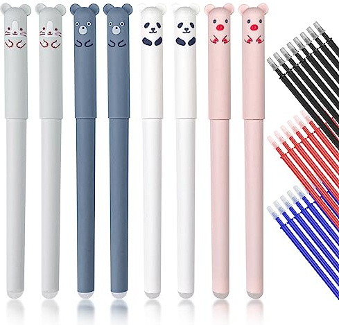 Relota 8 styckenraderbar kulspetspenna, gelpenna, tecknad söt gel-bläckpenna, set med 24 påfyllningar, raderbar 0,35 mm