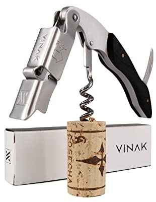 VINAK - Cavatappi da cameriere professionale XPERT in acciaio inox e legno con doppio supporto articolato + apribottiglie + coltello tagliacapsule + spirale professionale (B - Legno di ebano)