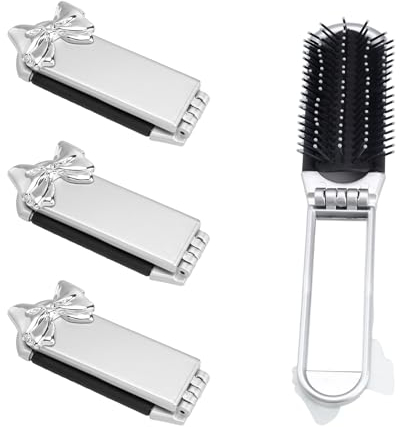 SPRHR 3 Stück Faltbare Mini Haarbürste, Reise Haarbürste mit Reisespiegel, Haarbürste Klein Mit Zierschleife und Selbstklebender Rückseite, Geeignet Zum Mitnehmen und Reisen