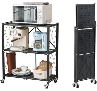 BRIAN & DANY Klappbares Regal mit Rollen, 3 Etagen Faltbare Schwerlastregal, Metallregal Schwarz, Lagerregal, Klappregal für die Küche, Büro, 71x 33x 87 cm