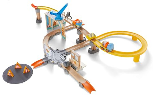 HABA Kullerbü Spielbahn Große Baustelle - Bunte Holz-Kugelbahn mit Fahrzeugen - Erweiterbares Klicksystem mit 51 Teilen - Holzeisenbahn Alternative für Kinder ab 2 Jahren - 1307199001