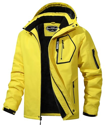 UTWGN Herren Skijacke Winter Warm Schneemantel Wasserdicht Windbreaker Kapuze Arbeit Outerwear Snowboardjacken, gelb, XXL