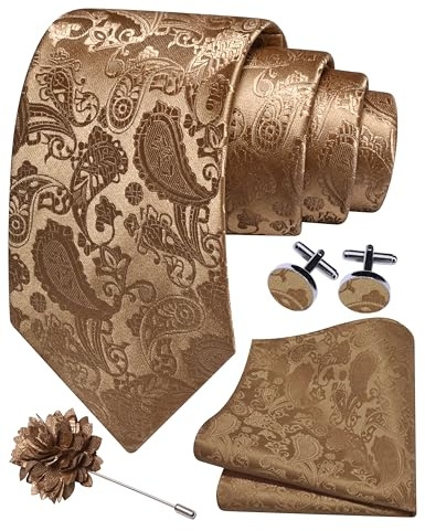 Gusleson Mens Tan Tie Party Wedding Khaki Paisley Necktie Pocket Square Cufflinks and Lapel Pin Brooch Set (UK6105-16)