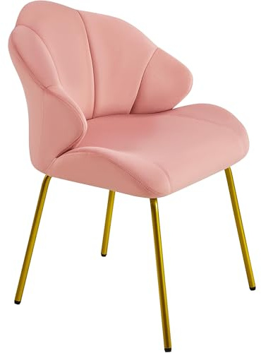 Yaheetech Fauteuil de Salon Moderne, Design Coquillage, Chaise de Chambre à Coucher Confortable, Rembourré, Ergonomique, Fauteuil en Velours avec Dossier, Pieds en Métal Plaqué Or, Rose