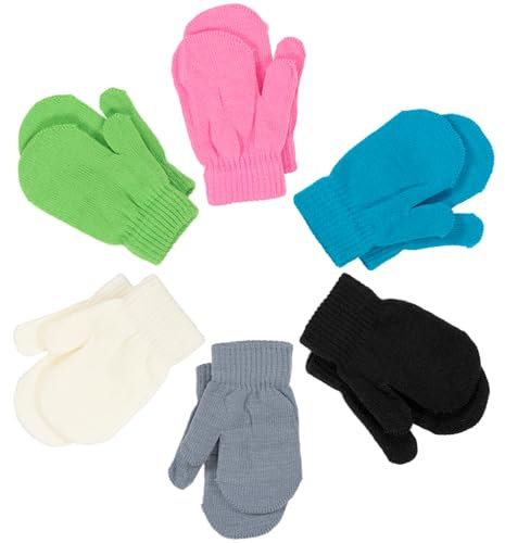 Zoruam 6 Paar Winter Handschuhe Kinder, Warme Strickhandschuhe Kinder, Fäustlinge Baby für 0~4 Jahre alte Kinder Mädchen Jungen, Schwarz + Weiß + Grau + Blau + Rosa + Grün