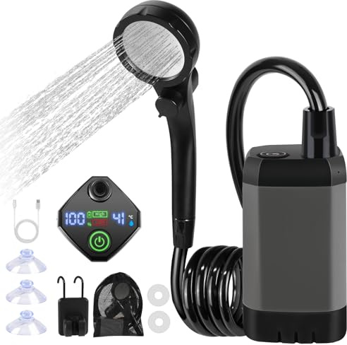 Toemics Portable Camping Shower with 6000mAh Rechargeable Battery and LED Display, Electric Pump Waterproof Outdoor Travel Shower for Hiking, Car, Pet, Dog (Grey)