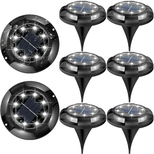 OKEJUNYE Solar Ground Lights Outdoor Waterproof, 8 Pack 12 LEDs Solar Garden Disk Lights Landscape Lighting for Outside Pathway Deck Yard Patio Lawn Driveway Walkway Deco (White Lights)