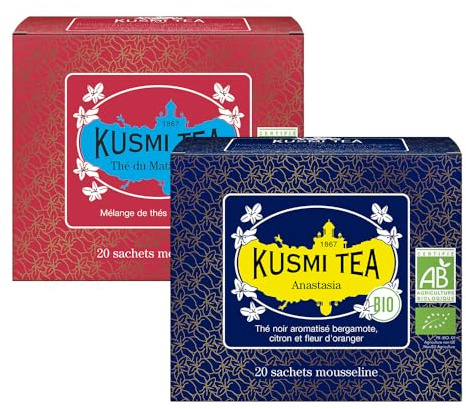 Kusmi Tea - Anastasia + Thé du Matin N°24 - Lot de 2 boîtes - Thé Noir Biologique à la Bergamote + Mélange de Thés Noirs Asiatiques - Grand Yunnan, Ceylan et Assam - 2x20 Sachets