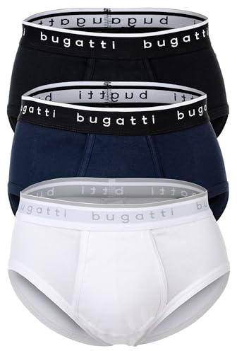 bugatti Men's Briefs, Pack of 3, Fine Rib, Fly, Cotton, Plain, White / Black / Blue, M