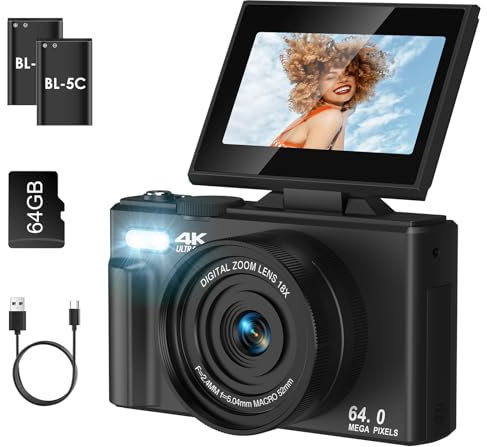 SOPPY 5K Digital Camera with WiFi Transfer, 75MP Vlogging, 18X Zoom & 3 Flip Screen, Auto Focus YouTube Camera, 64GB SD Card Included, Compact for Kids, Teens & Beginners, Black