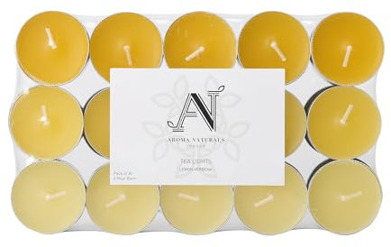 Aroma Naturals London Scented Tealight Candles Bag | 4 Hour Burn Time | Standard Size D3.77 x H1.45cm | Three Tone Coloured Wax & Aluminium Cups | Pack of 30 Tea Lights Scent (Lemon Verbena)