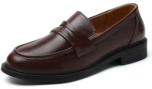 QJN Loafers for Women Brown Penny Leather Business Casual Shoes Women's Loafers & Slip-Ons Ladies Flats Round Toe Low Heel Office Work Walking Comfortable Dressy Professional Shoes Size 6