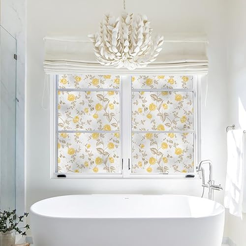 ZIUBMVDYC Láminas para Ventanas, Película Opaca for Ventana con Efecto Esmerilado, con diseño Floral en Amarillo y marrón, for baño y Oficina.(W 35.4 x L 39.4 (1 Panels))