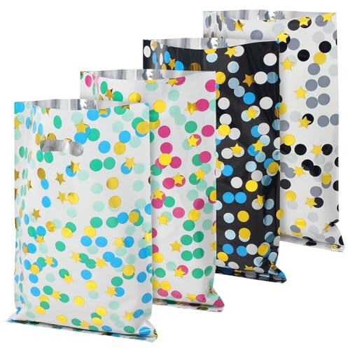 40 Pcs Party Favor Bags,Candy Treat Bag for Kids, 4 Colors Plastic Gift Bags with Colorful Pentagram and Dots Goodies Bags for Birthday, Christmas, Halloween, Graduation (25x17cm)