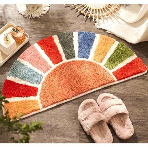 Dermalyx Sonnenaufgang Boho Bagno Tappeto, Tappetino a Mezzo Cerchio da Bagno, Tappeto da Bagno Colorato Sole, Decorazione da Bagno Retro Bohemiano, Tappeto da Doccia DIV