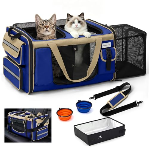 Odoland Transportín para 2 gatos – Bolsa de transporte plegable extensible para gatos grandes, transpirable, con correa para el hombro y caja de arena, ideal para viajes, coche – azul