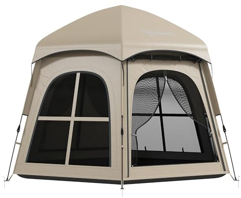 Outsunny Tienda de campaña emergente, tienda de campaña instantánea con 2 puertas y 4 ventanas y bolsa de transporte, 3000 mm, impermeable, para 3-4 personas, color caqui (estacas y cuerdas incluidas)