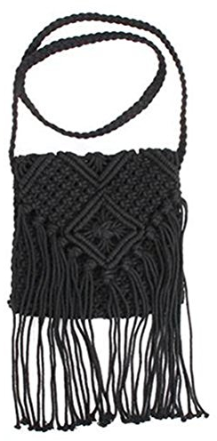 Tinksky Frauen-gesäumte Häkelarbeit-Kreuz-Körper-Tasche böhmische Sommer-Strand-Schulter-Beutel (Schwarzes)