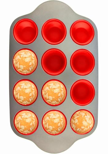 Boxiki Kitchen Non-Stick 12 Cup Silicone Muffin Pan with Steel Frame - BPA Free, Non-Toxic, Anti-Warp, Durable & Easy to Pop Silicone Muffin Tin - Perfect Cupcake Pan