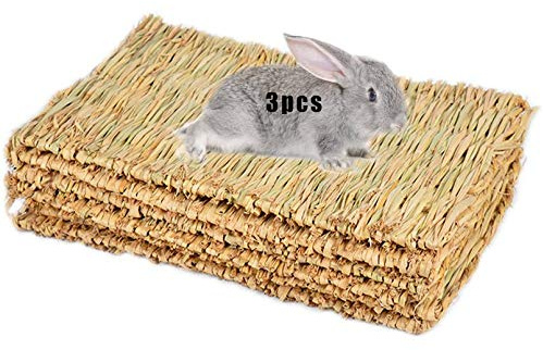 Hamiledyi Grass Mat Woven Bed Mat for Small Animal Bunny Bedding Nest Chew Toy Bed Play Toy for Guinea Pig Parrot Rabbit Hamster Rat(Pack of 3)