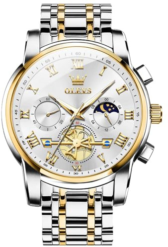 OLEVS Luxury Silver Men Watch Analog Quartz Silver Gold Stainless Steel Men's Watch Casual Wristwatch for Men Business Classic Mens Watches Gold White Dial Relojes para Hombres Fashion Mens Watches