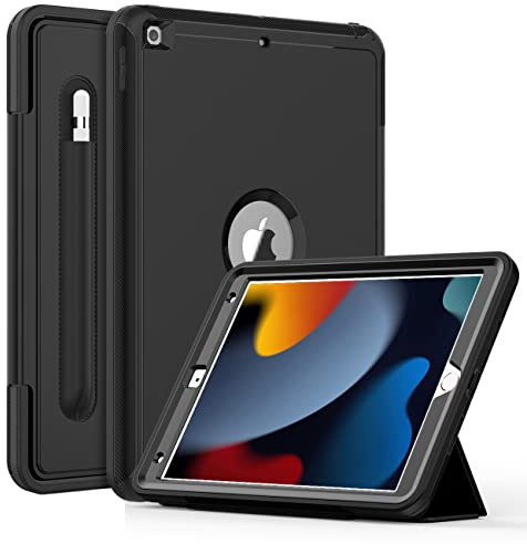 DAORANGE Funda para iPad 9ª 8ª 7ª Generación 10.2 Pulgadas 2021/2020/2019, Carcasa Rugosa con Portalápiz y Función de Auto-Sueño/Estela (Negro)